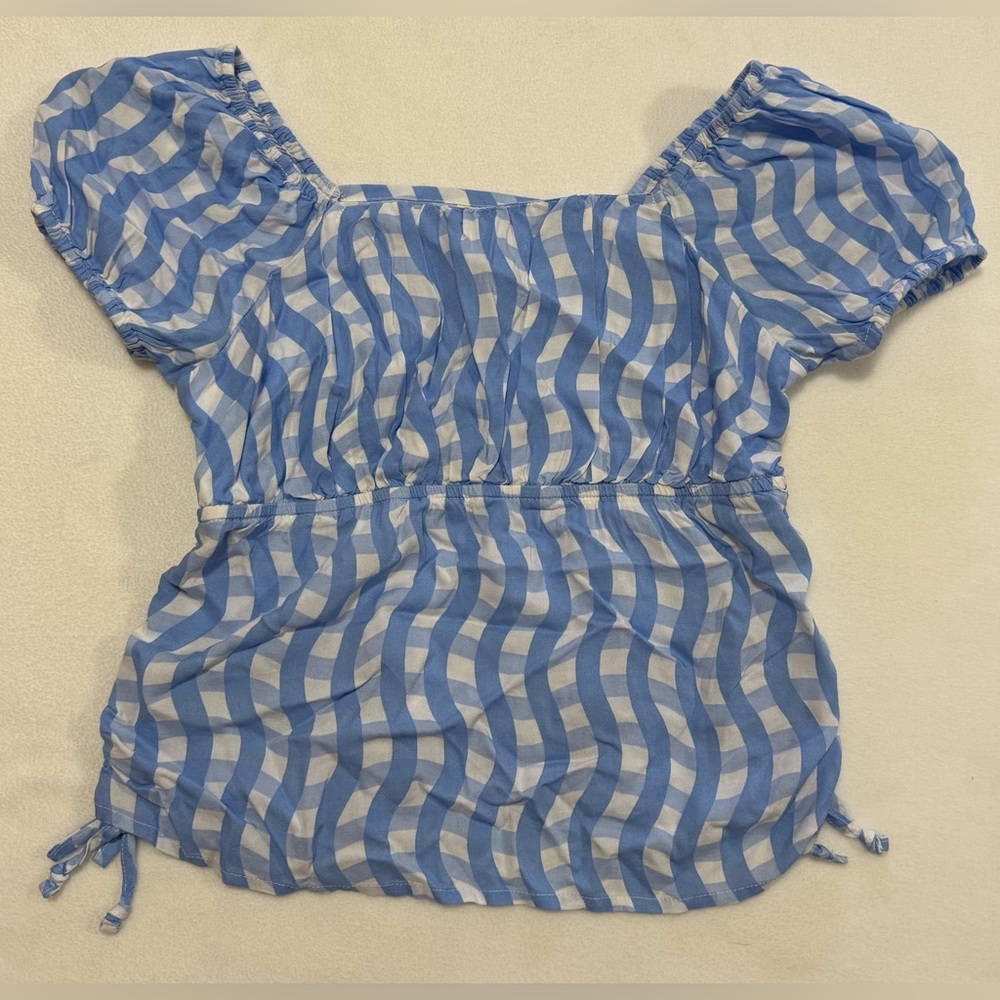 Girls L 14 Blue & White Top With Adjustable Ties on Sides - NWT